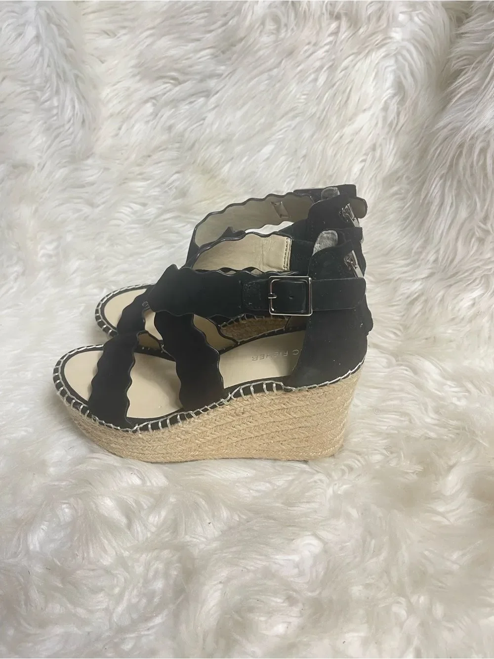 Marc Fisher leather suede Black Scalloped Strap Wedge platform Espadrilles SZ7.5